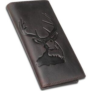 Men Black Long Wallet Grain Leather Rfid Blocking Bifold Deer Wallet, Coffee